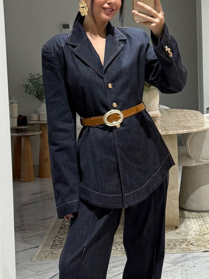 Casual Denim Shirt & Wijde Broek Twee-delige Set