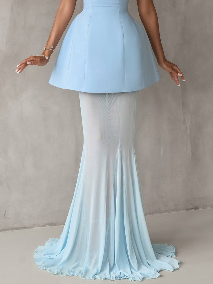 Elegante Off-the-shoulder Top En Mesh Doorzichtige Fishtail Rok Twee-delige Set