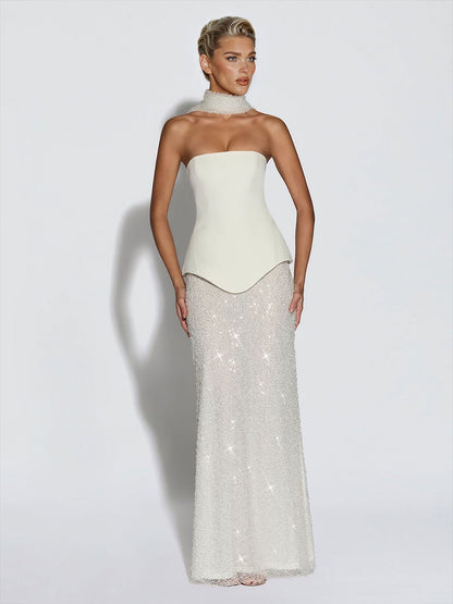 Elegante Strapless Pailletten Rok En Sjaal Twee-Delige Set