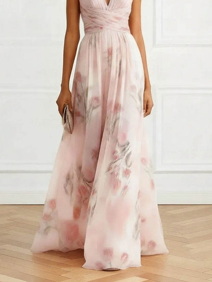 Elegante V-hals Bloemenprint Tulle Maxi Jurk