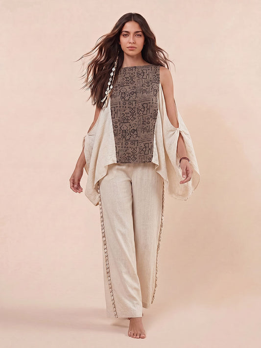 Bohemian Schelp Trim Brede Pijpen Broek Twee-Delige Set