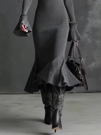 Casual Midi-jurk met Vierkante Hals en Rits in Visstaartstijl