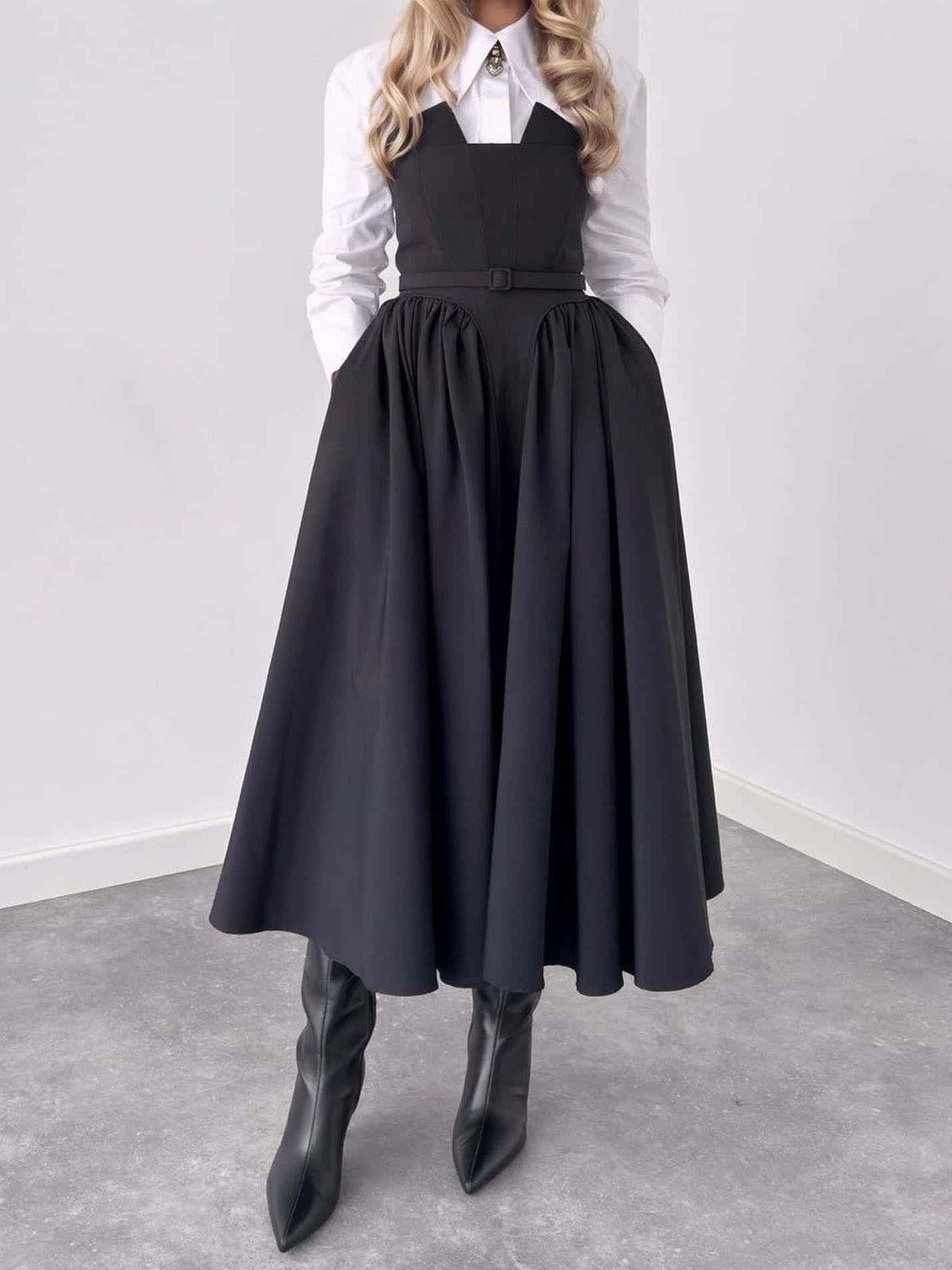 Klassiek Shirt & Pinafore Midi Rok Set