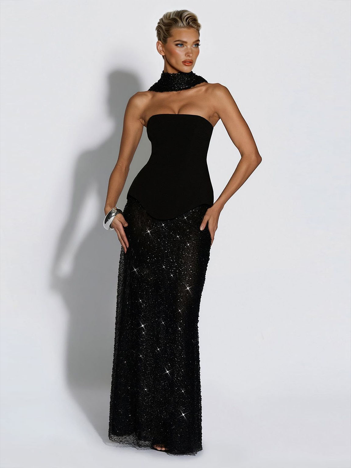 Elegante Strapless Pailletten Rok En Sjaal Twee-Delige Set