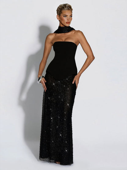 Elegante Strapless Pailletten Rok En Sjaal Twee-Delige Set