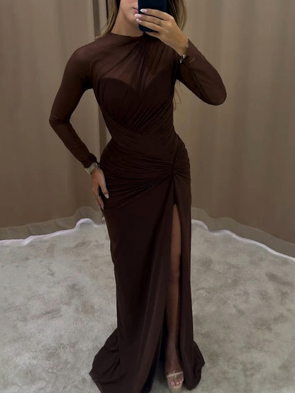 Elegante Drapé Lange Mouwen Maxi Jurk