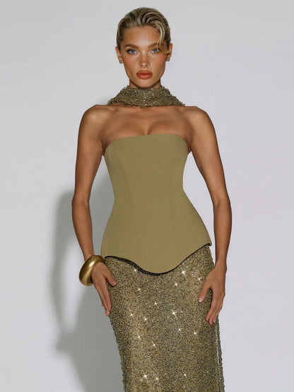 Elegante Strapless Pailletten Rok En Sjaal Twee-Delige Set