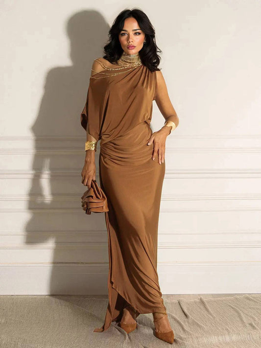 Oblique Kraag Off-Shoulder Geplooide Maxi Jurk