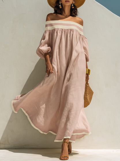 Loszittende maxi-jurk met kleurblokken en blote schouders, van beige katoen-linnen