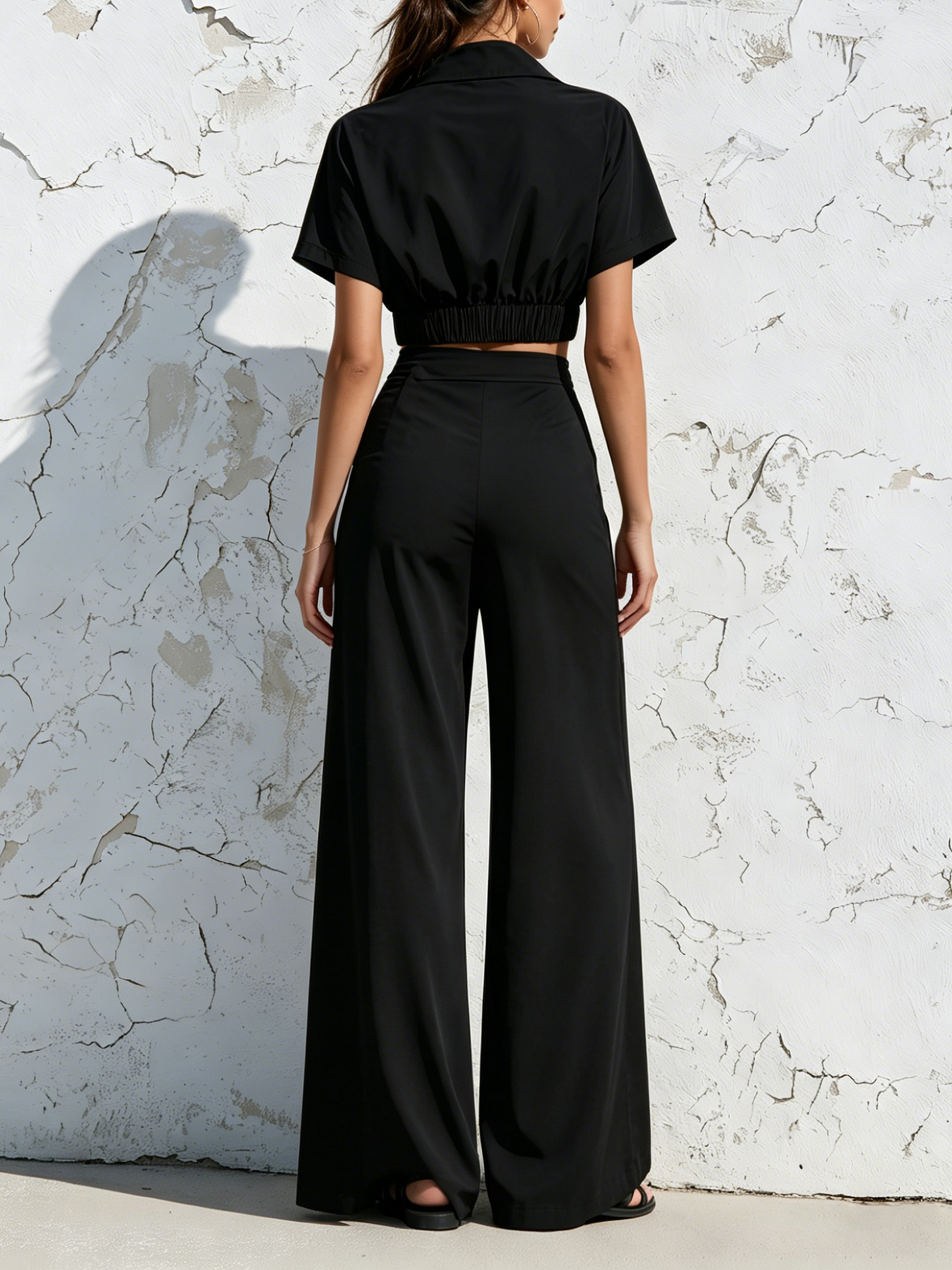 Zwarte Korte Mouwen Kraag Crop Shirt & Dubbelzijdige Knop Hoge Splits Wijde Broek Set