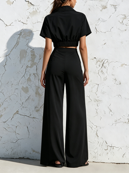 Zwarte Korte Mouwen Kraag Crop Shirt & Dubbelzijdige Knop Hoge Splits Wijde Broek Set