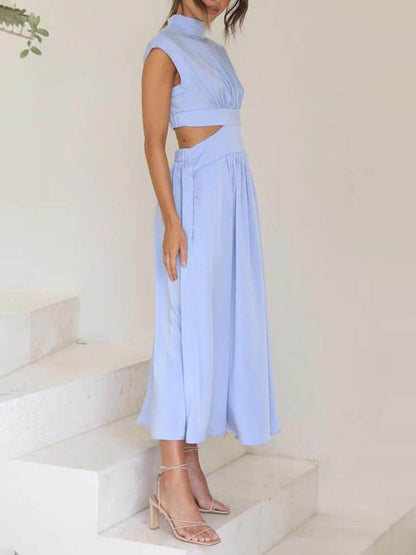 Cut-out Taille Pocketed Vakantie Midi Jurk