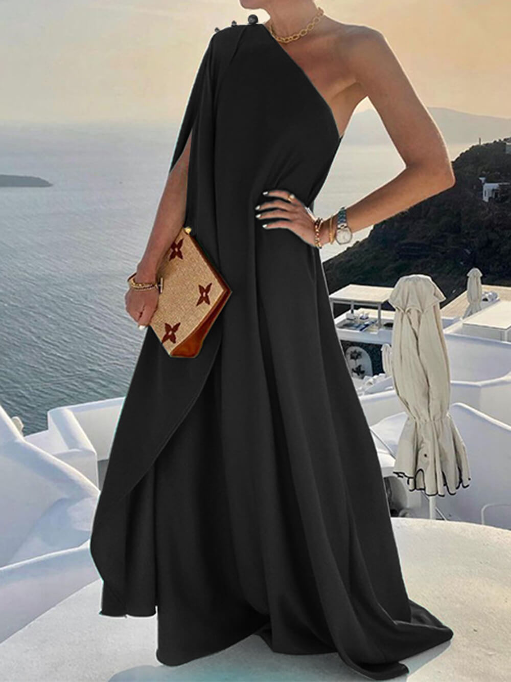 Modieuze Effen Kleur Losse One Shoulder Maxi Jurk