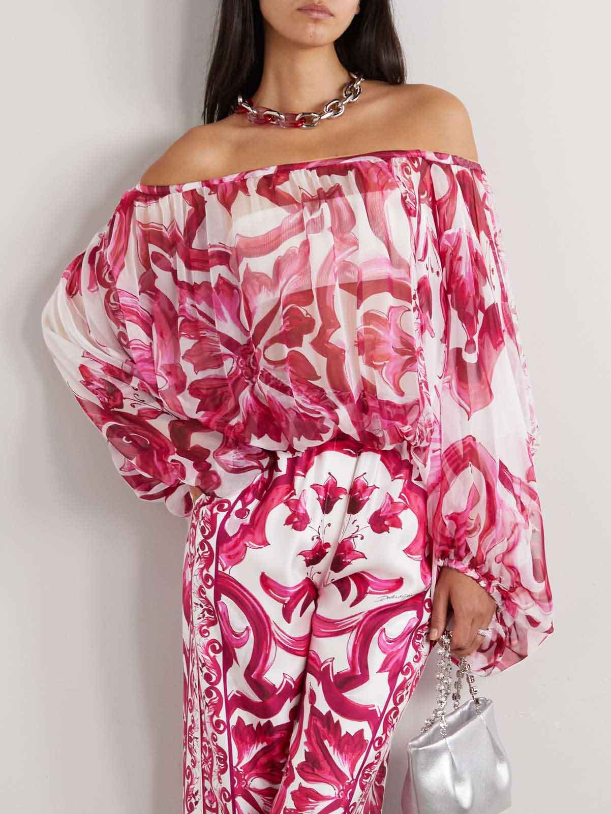 Elegante Barokke Bloemenprint Off-Shoulder Chiffon Twee-Delige Set