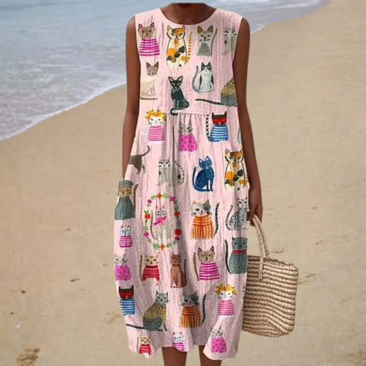 Flavia | Midi-jurk met Kattenprint