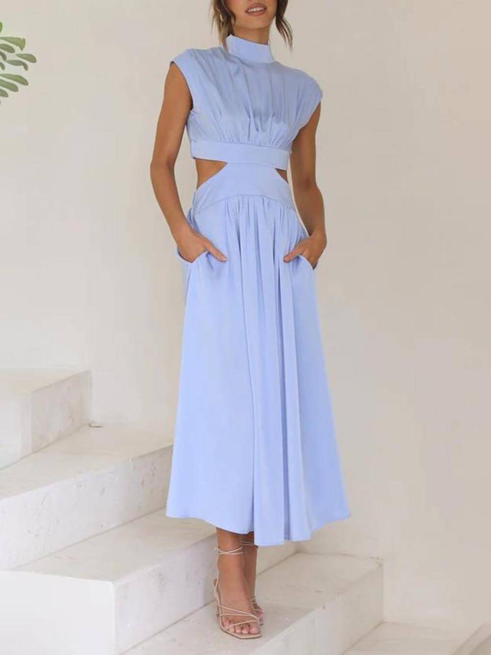 Cut-out Taille Pocketed Vakantie Midi Jurk