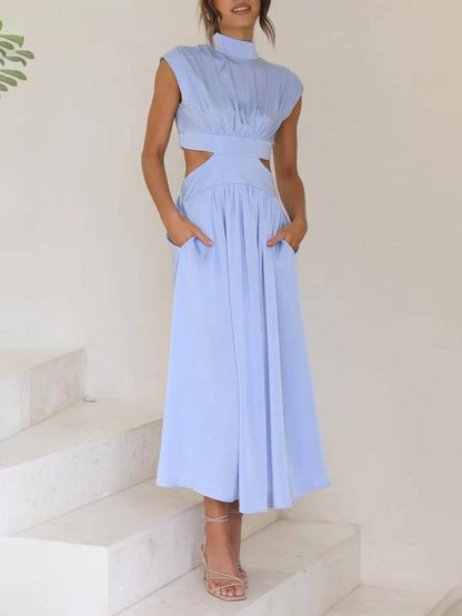 Cut-out Taille Pocketed Vakantie Midi Jurk