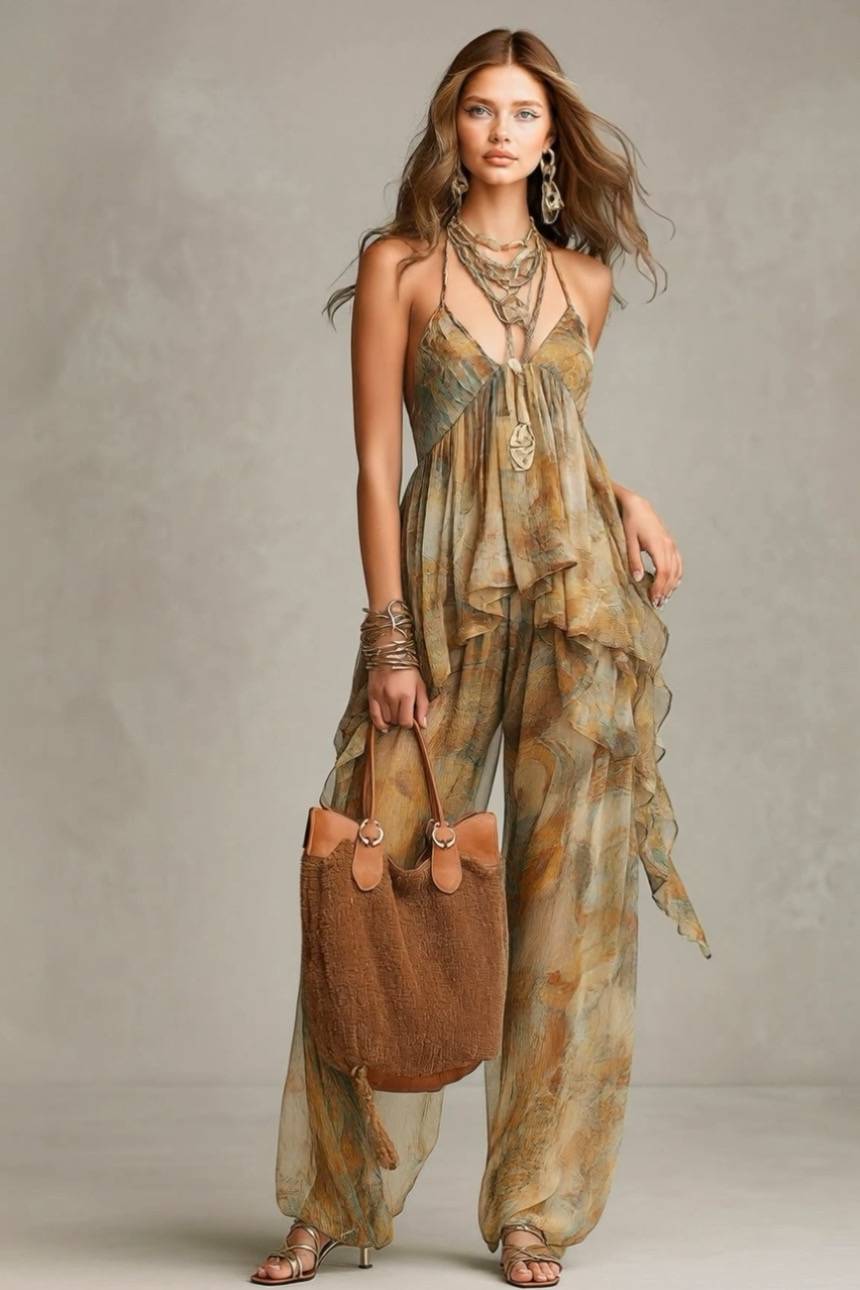 Geprinte Sling Top En Brede Pantalon Set