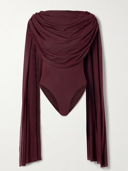 Elegante Drapé Top En Wijde Nep Leer Broek Twee-delige Set