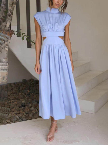 Cut-out Taille Pocketed Vakantie Midi Jurk