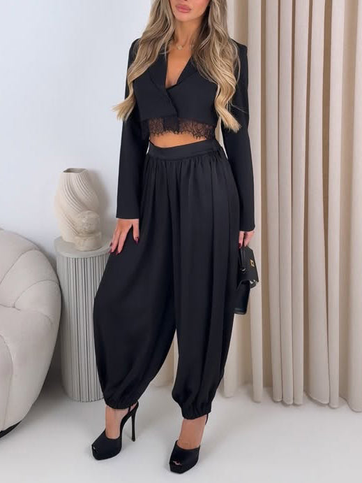 Elegante Cropped Blazer En Gedrapeerde Harem Broek Twee-Piece Set