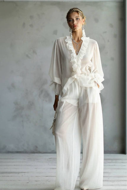 Kanten Lange Mouwen Shirt En Wijde Pantalon Set