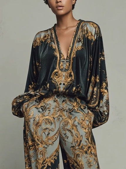 Retro Barok Print Diepe V-Hals Relaxed Fit Blouse
