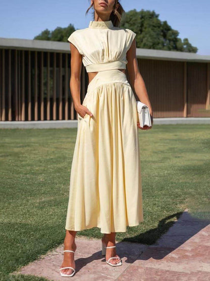 Cut-out Taille Pocketed Vakantie Midi Jurk