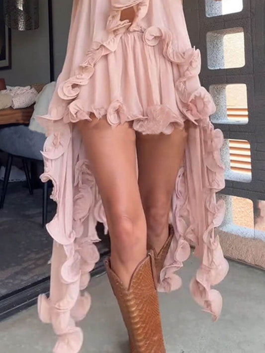 Delicate Romantische Drama Chiffon Golvende Ruffles Elastische Taille Losse Shorts