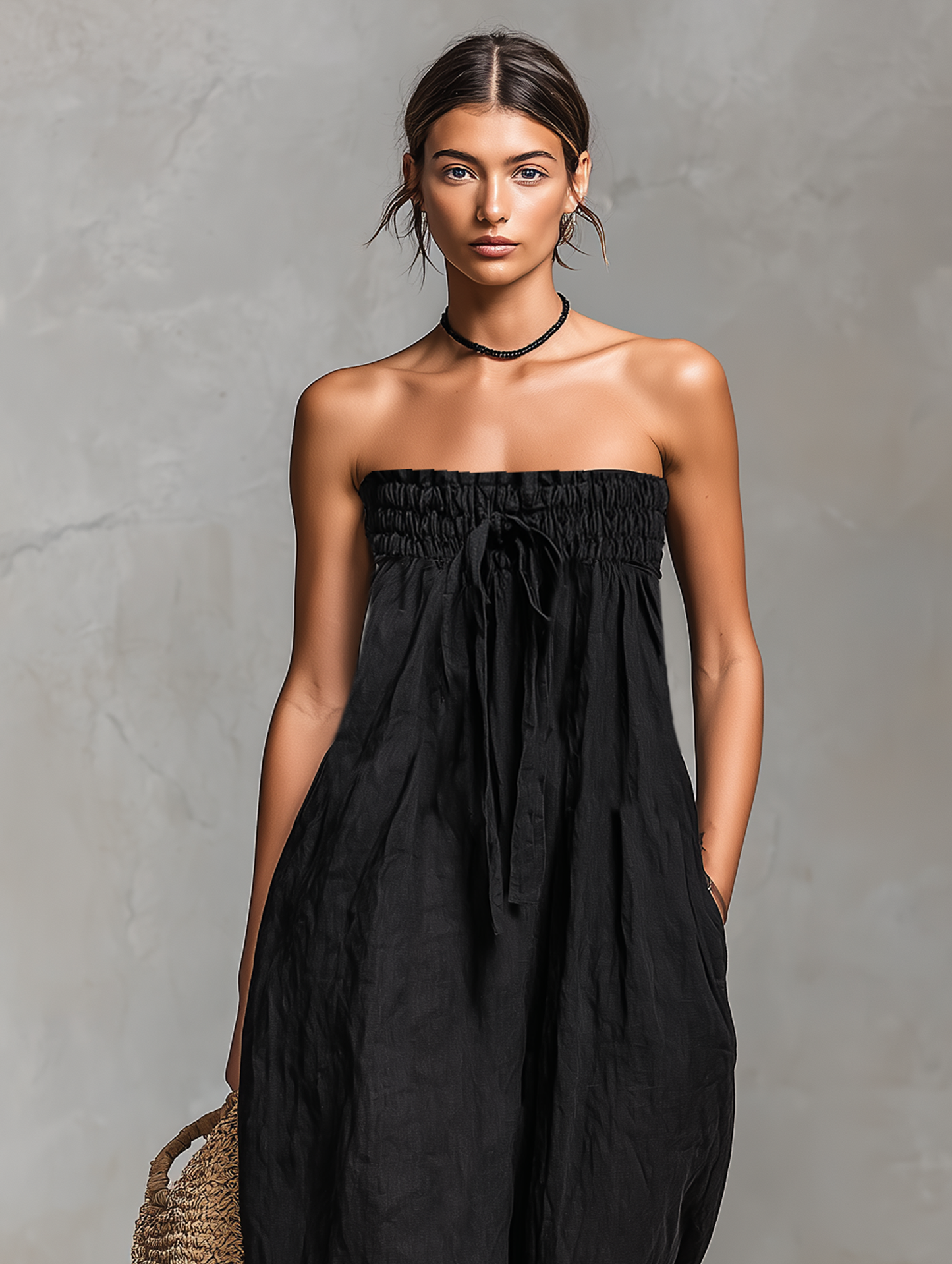 Ashley | Losse Lijnmix Strapless Tie Jumpsuit