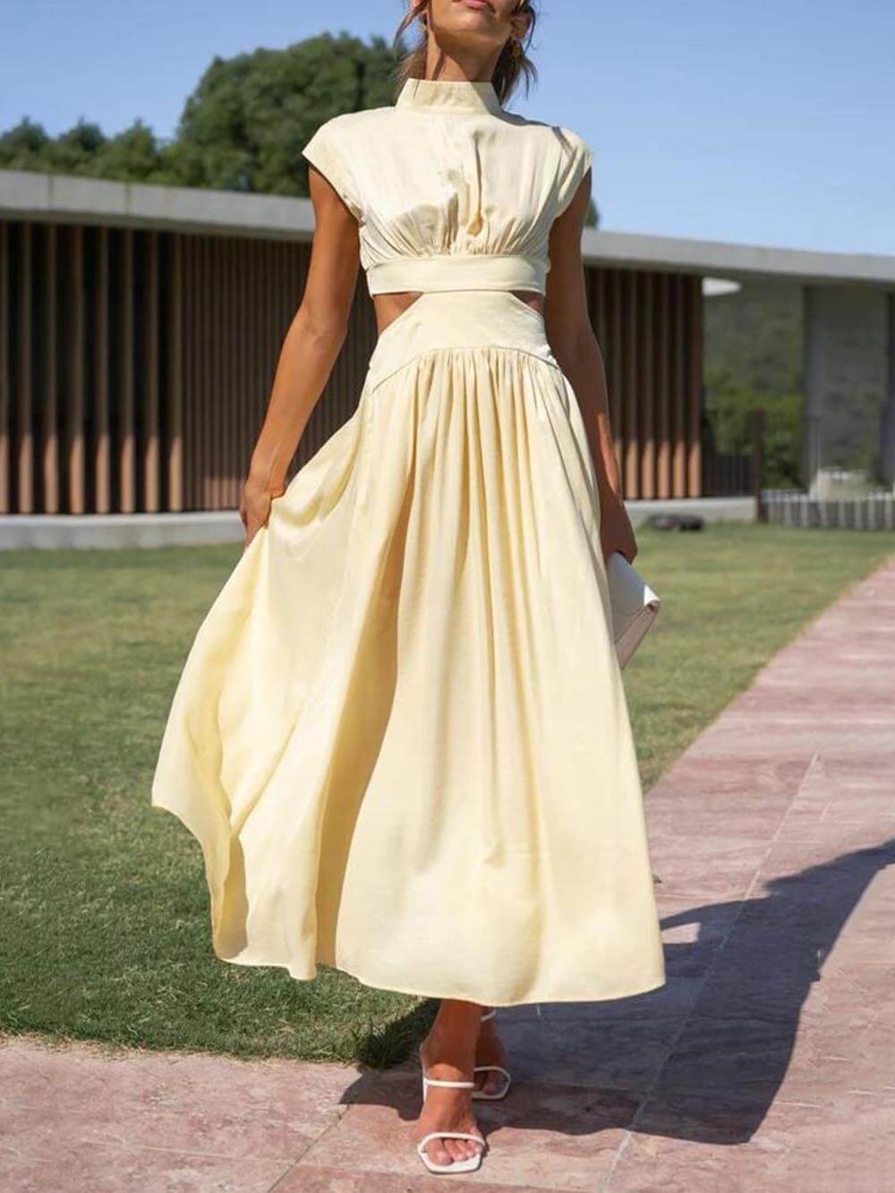 Cut-out Taille Pocketed Vakantie Midi Jurk