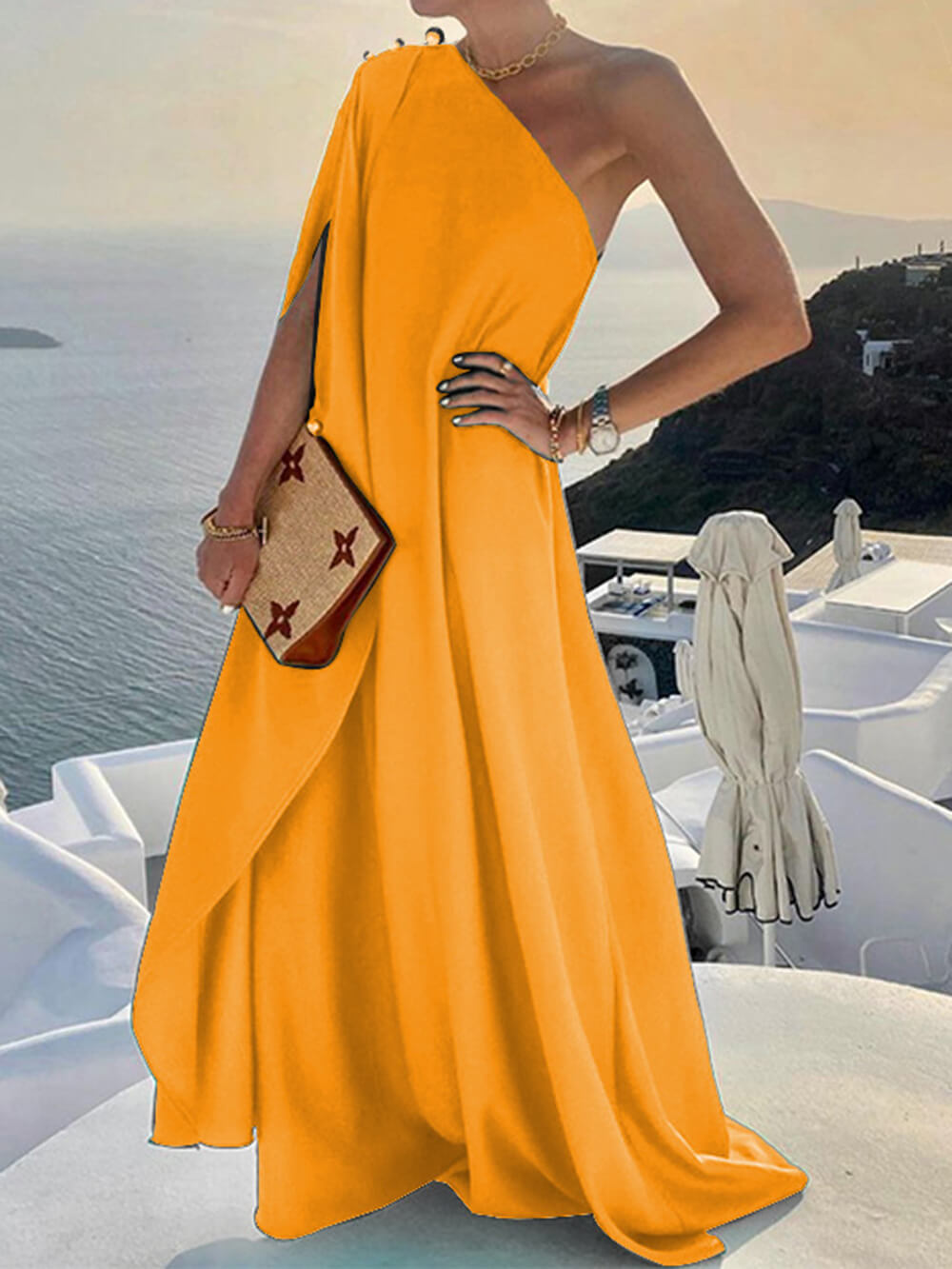 Modieuze Effen Kleur Losse One Shoulder Maxi Jurk