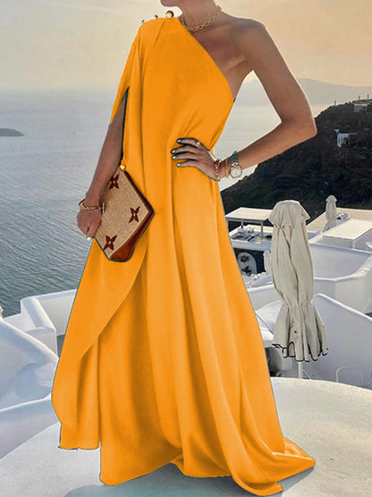 Modieuze Effen Kleur Losse One Shoulder Maxi Jurk