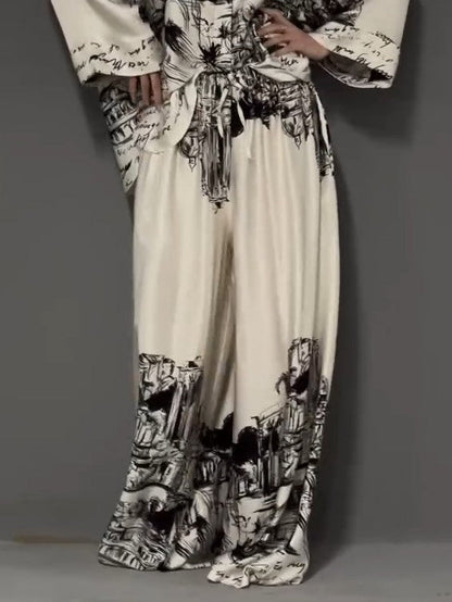 Architecturale Print Satijnen Shirt En Broek Twee-Delige Set