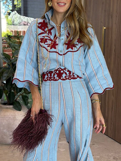 Bohemian Blauwe Gestreepte Flared Broek Twee-Delige Set