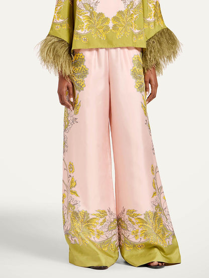 Exquise Bloemen Veren Trim Crop Top & Wijde Pantalon Twee-Delige Set