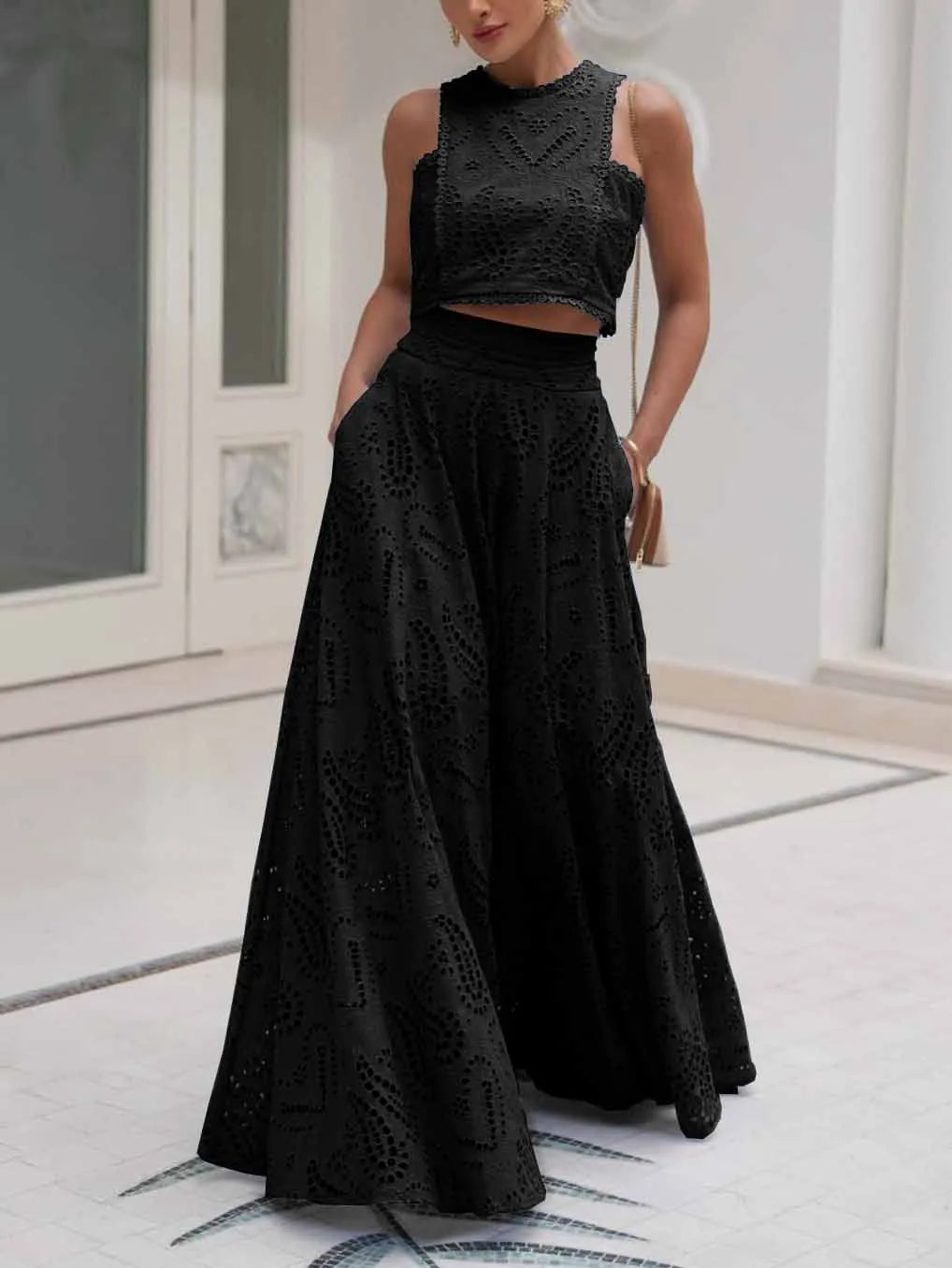 Exquise Mouwloze Geborduurde Hollow Lace Top