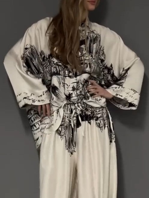 Architecturale Print Satijnen Shirt En Broek Twee-Delige Set