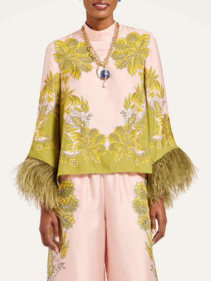 Exquise Bloemen Veren Trim Crop Top & Wijde Pantalon Twee-Delige Set