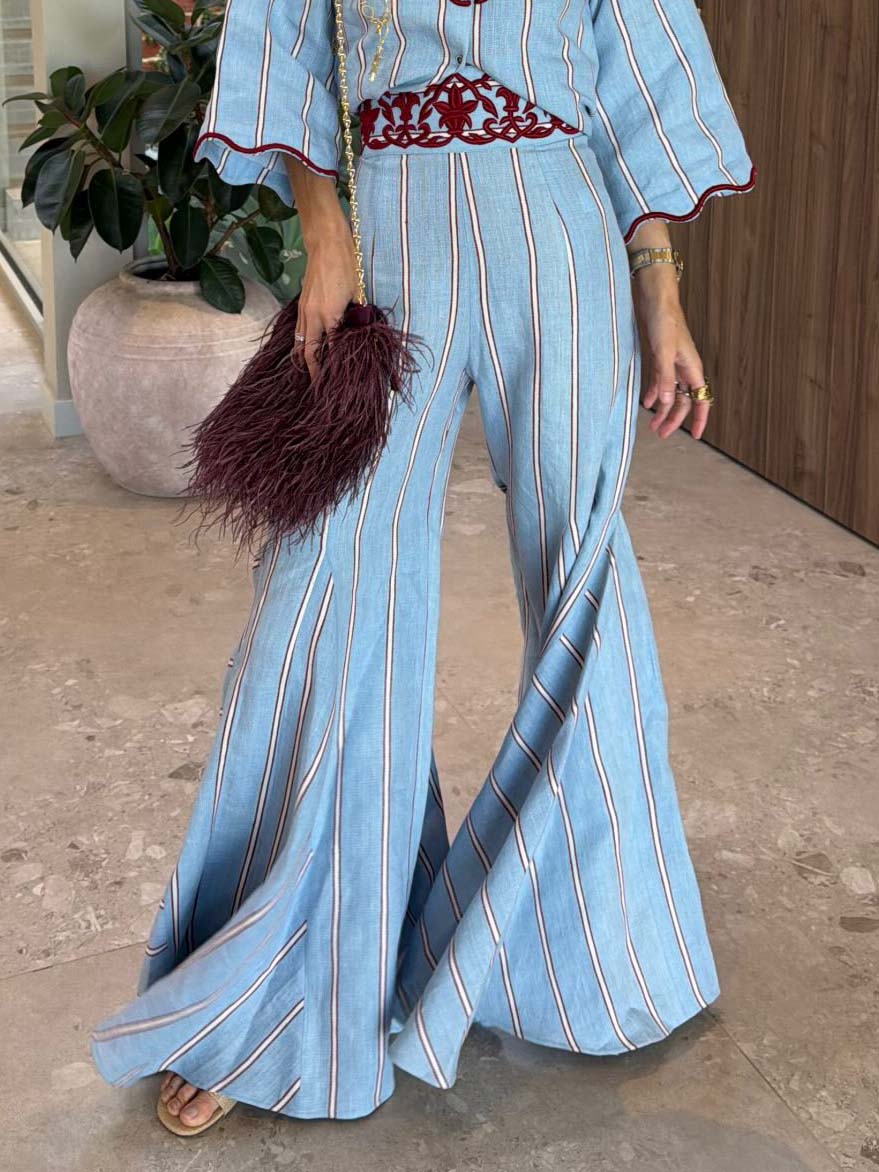 Bohemian Blauwe Gestreepte Flared Broek Twee-Delige Set