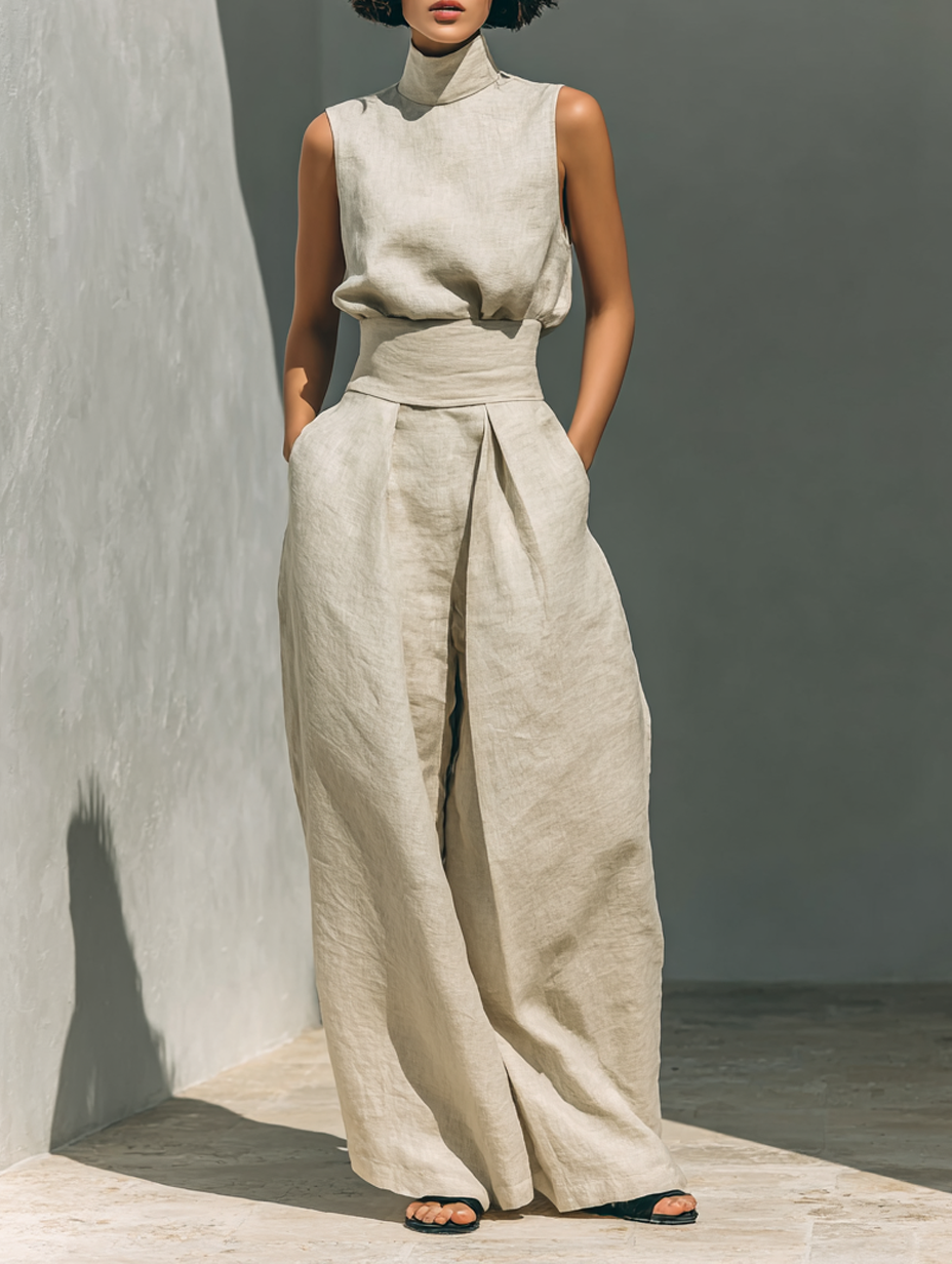 Dames Minimalistische Katoen en Linnen Blend Mouwloze Blouse en Brede Pantalon Set MDZ0873A5Y