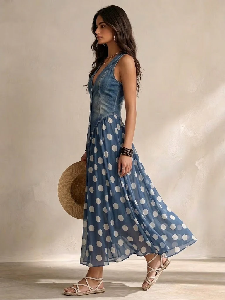 Adeline | Lange denimjurk met stippen