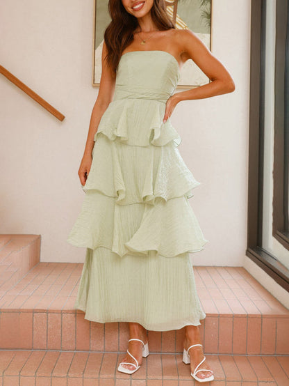 Elegante Strapless Rugloze Cake Midi Jurk