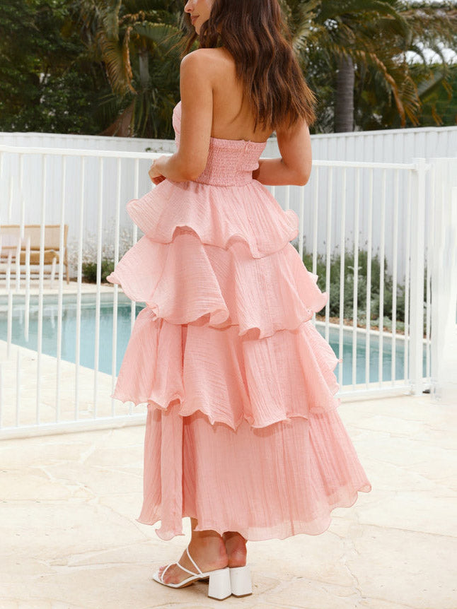 Elegante Strapless Rugloze Cake Midi Jurk