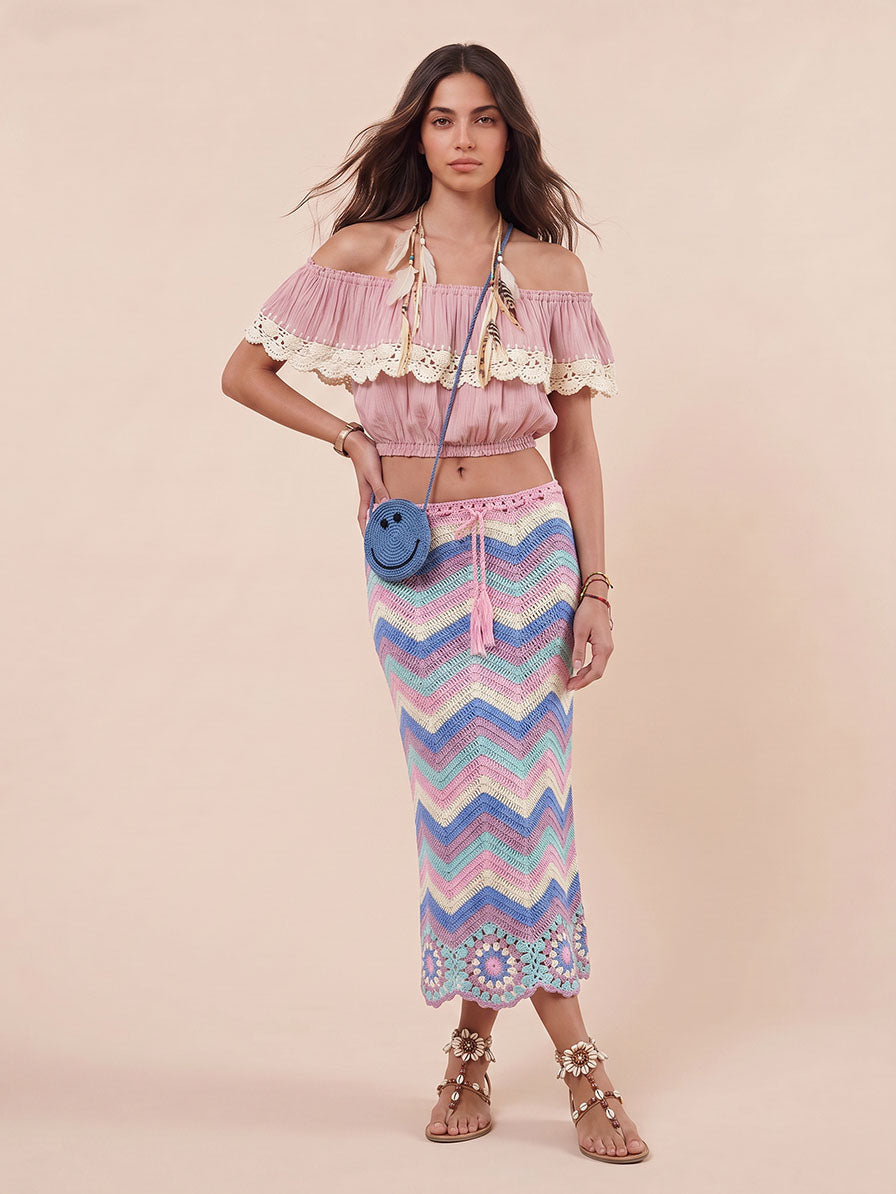 Bohemian Ruffle Crop Top & Haak Herringbone Rok Twee-Delige Set