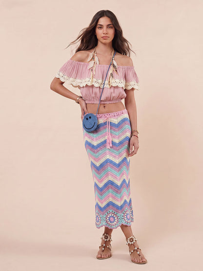 Bohemian Ruffle Crop Top & Haak Herringbone Rok Twee-Delige Set