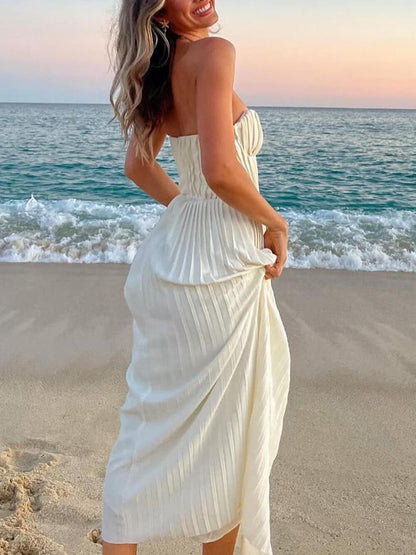 Elegante Plissé Strapless Maxi Jurk
