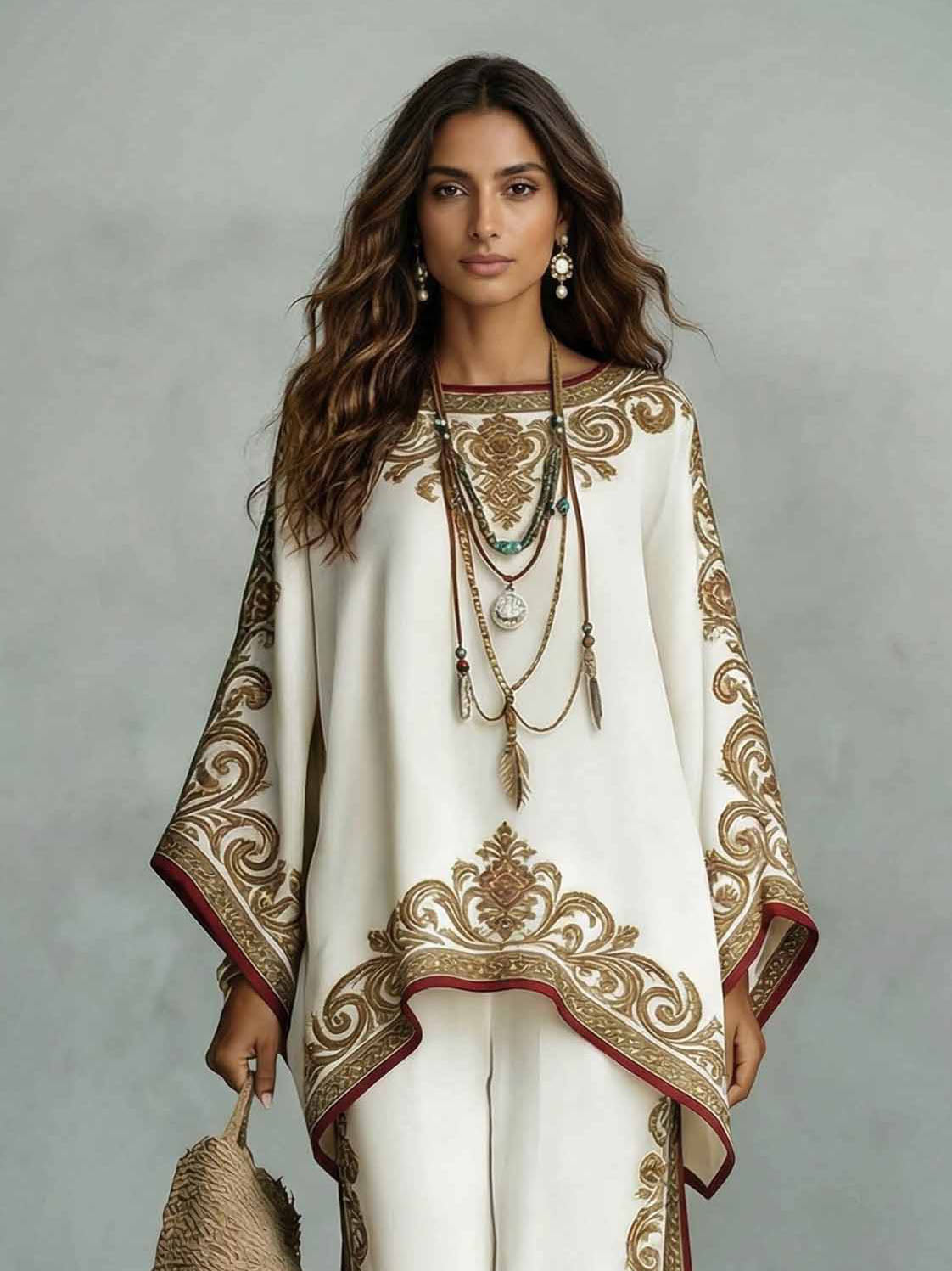 Elegante Satijnen Gedrukte Oversized Sjaal Top & Broek Twee-Delige Set