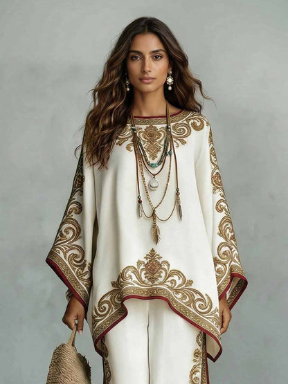 Elegante Satijnen Gedrukte Oversized Sjaal Top & Broek Twee-Delige Set