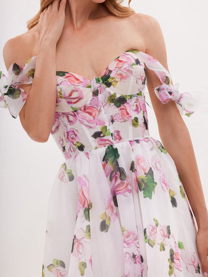 Tedere bloemen midi jurk met strikbandjes